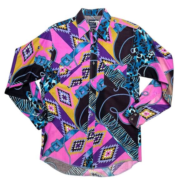 Vintage 80s Wrangler Cowboy Cut RARE COLOR PATTERN Western Shirt - 15 1/2 - 33 - Picture 1 of 6